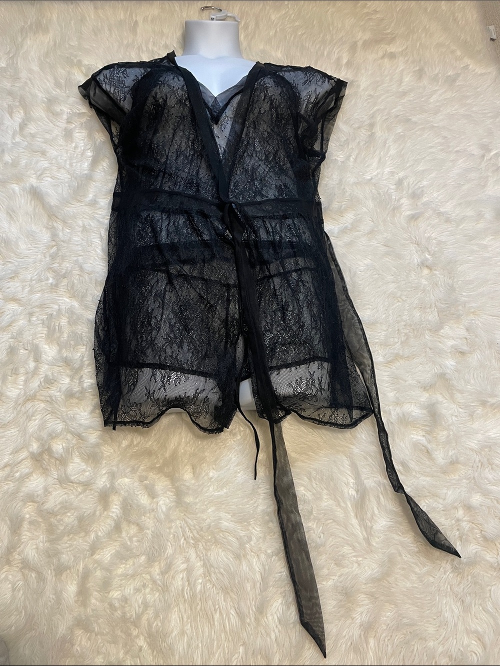 Victoria's Secret Sheer Black Chantilly Lace Kimono Cami & Short Lingerie Set L